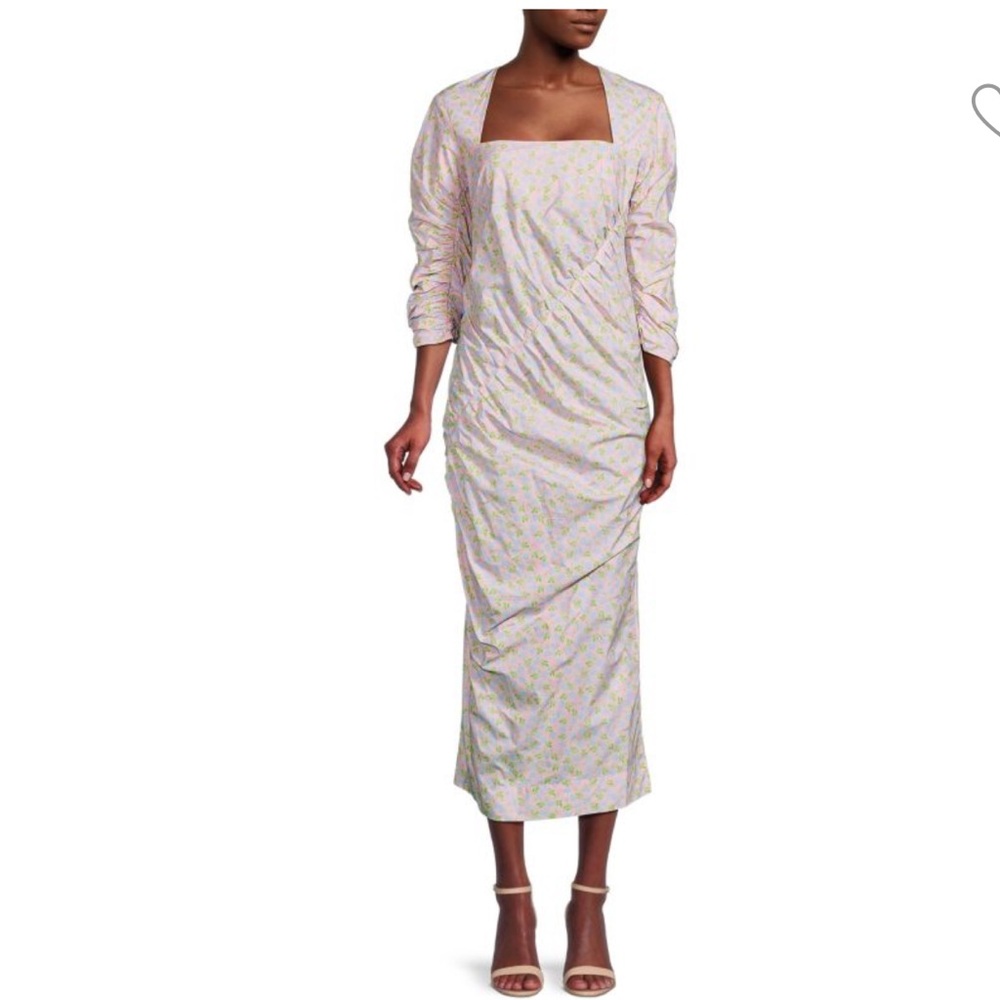 GANNI Floral Asymmetric Shirred Midaxi Sheath Dress NWT
